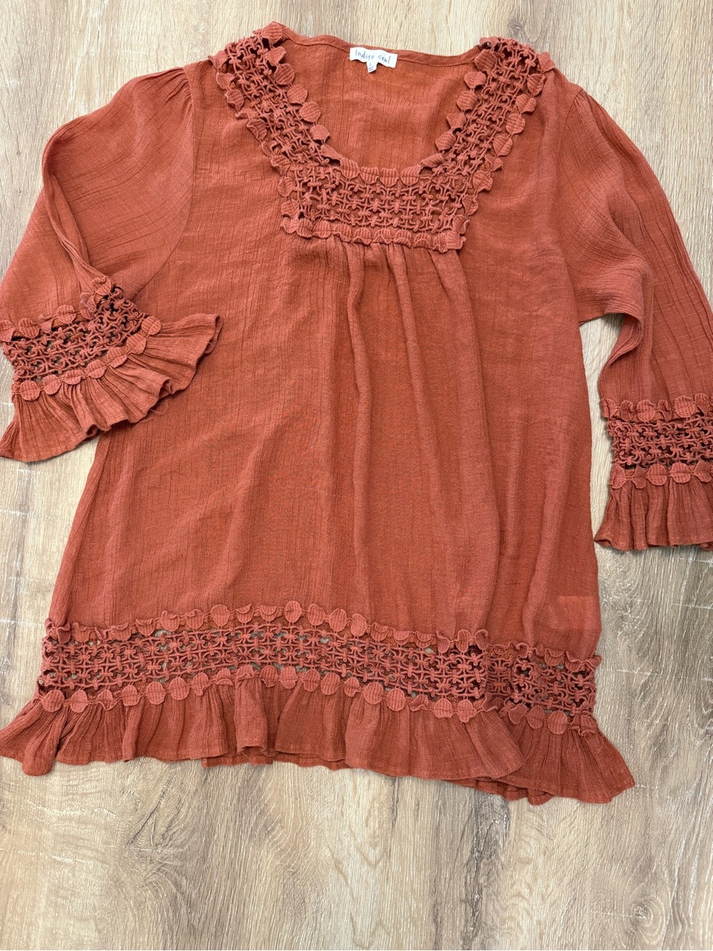 indigo soul Rust Crochet-Trim Tunic Top